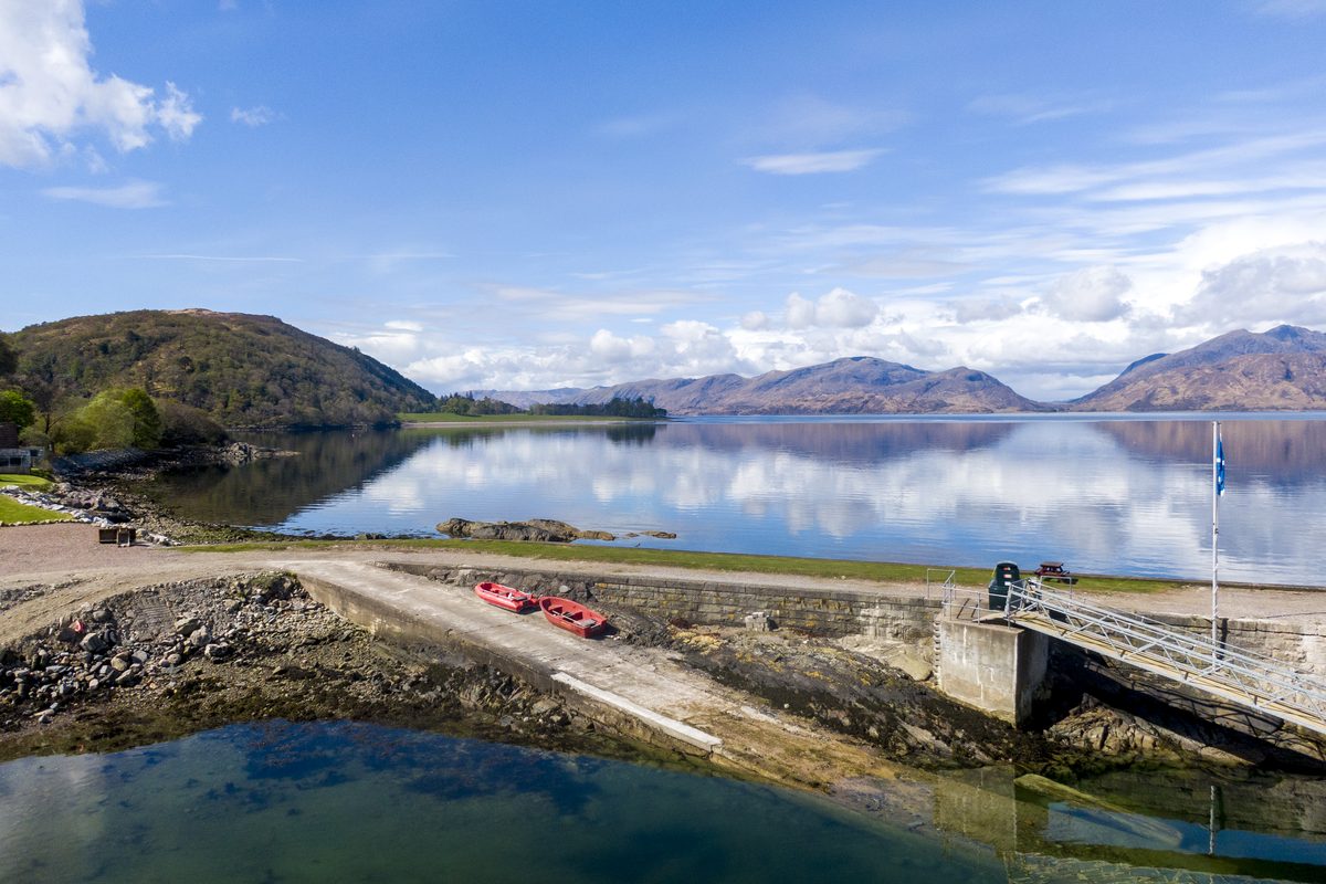 Kentallen Pier and the slipway on Loch Linnhe, with the hills beyond