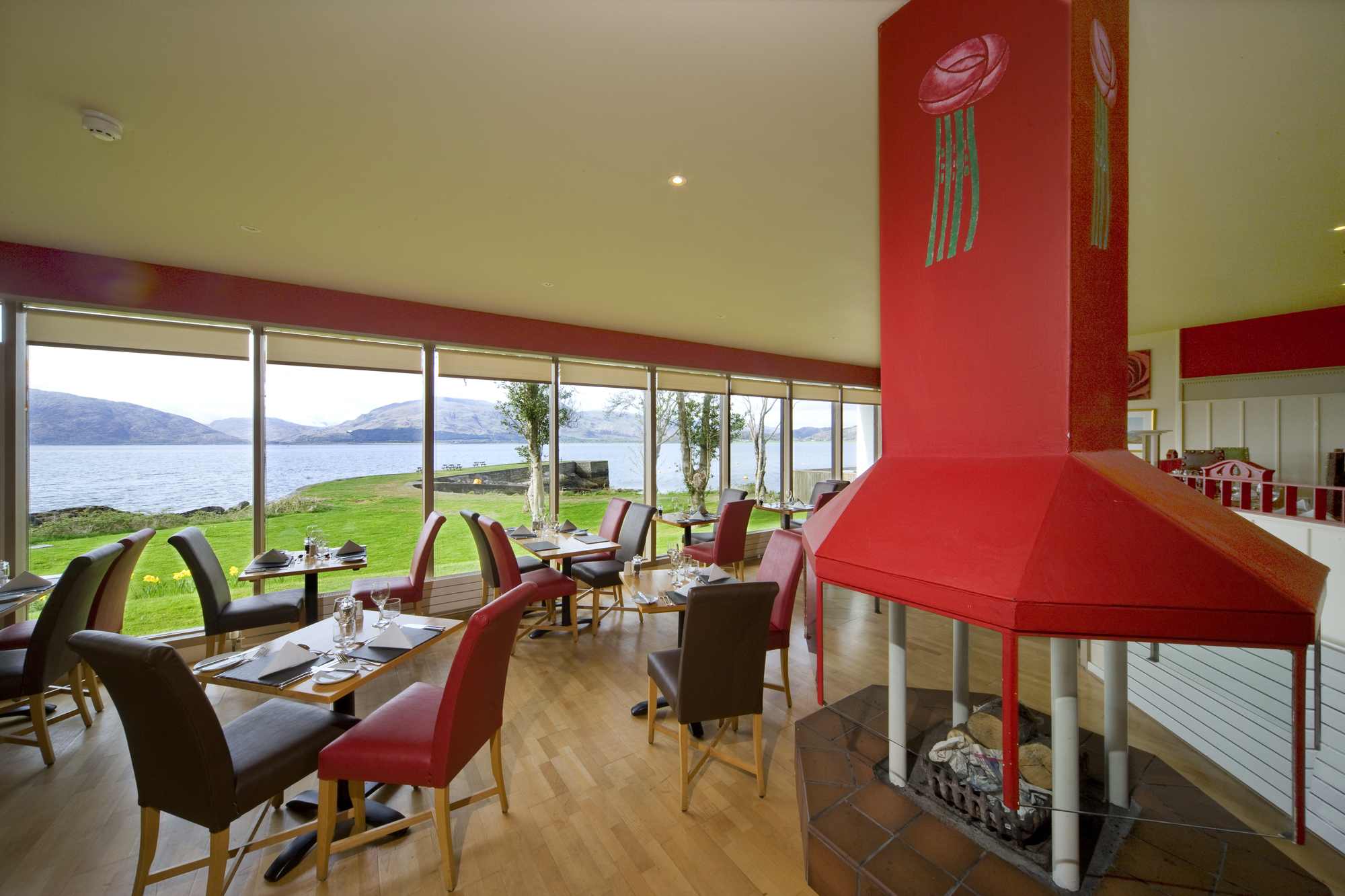 The restaurant at the Holly Tree looking out towards the pier and Loch Linnhe