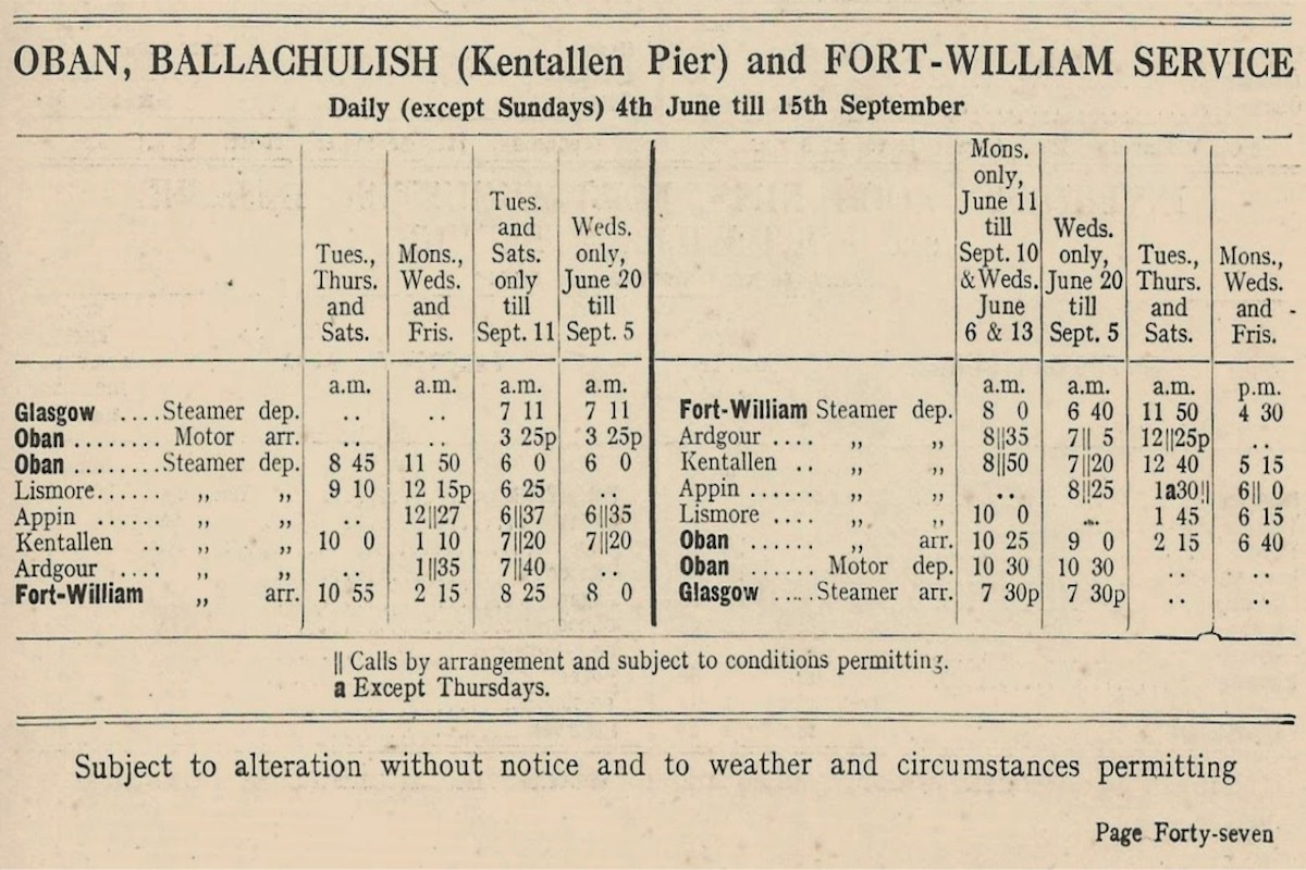An old printed timetable for the Oban, Ballachulish and Fort William service via Kentallen Pier